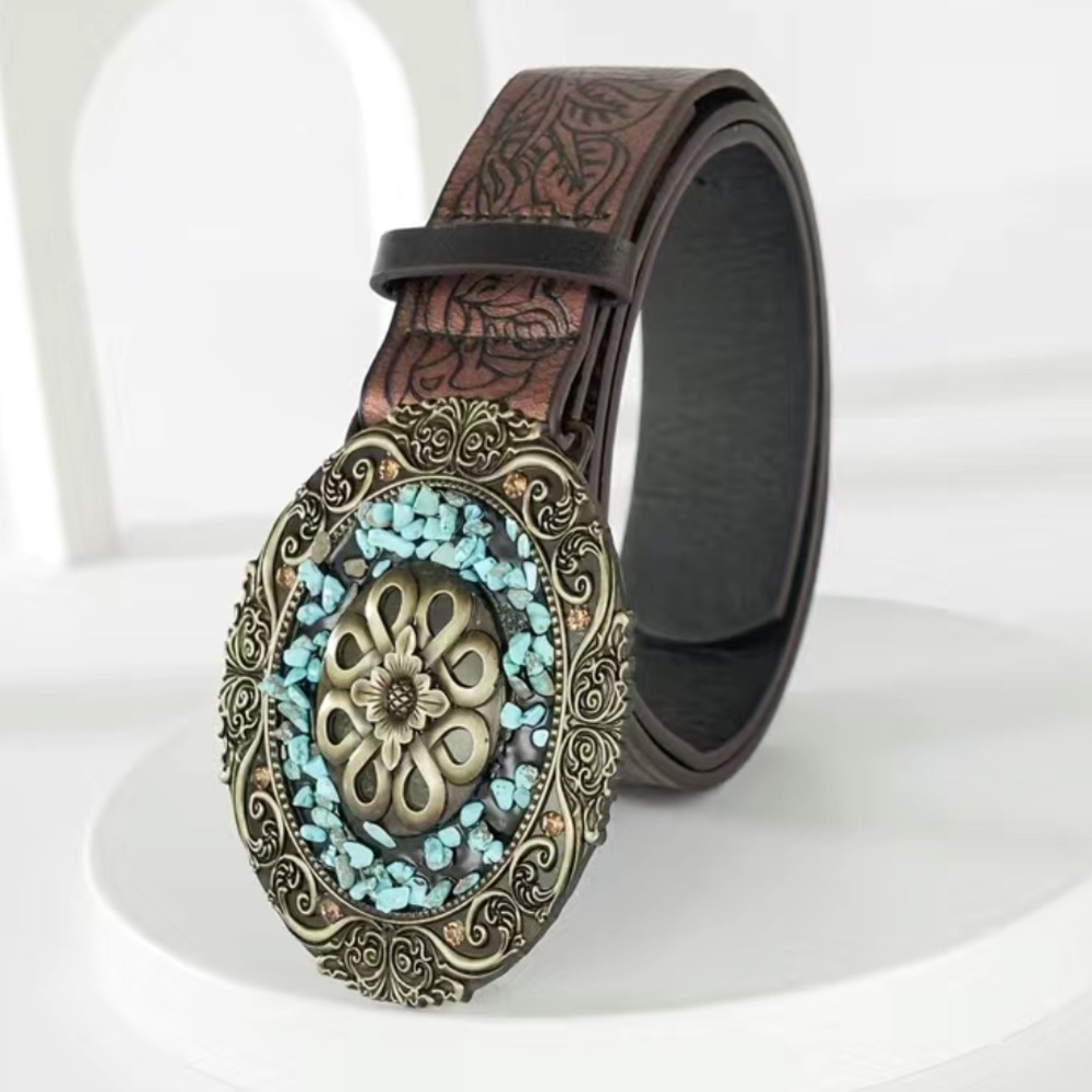Pu Leather Boho Western Turquoise Gemstone Oval Buckle Belt